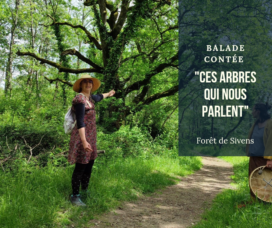 Photo d'une conteuse dans les bois, indiquant un chemin du doigts.