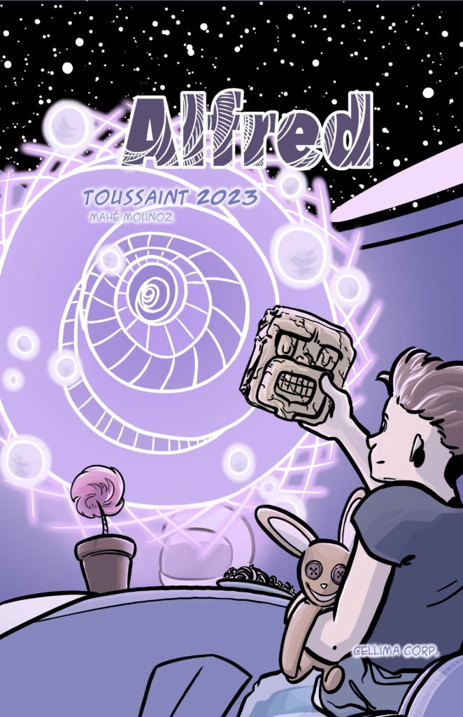 Jackette du Manga Alfred, personnage masculin avec une peluche lapin, fleur et vortex violet dans l'espace