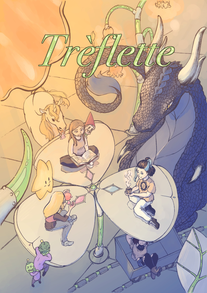 Jackette du manga Tréflette, personnages assis sur les pétales dune avec un gragon
