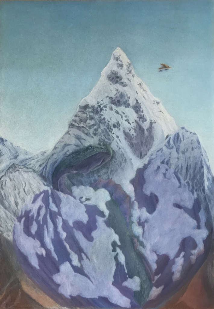 Dessin coloré d'une montagne, un monstre-serpent et des oiseaux dans le ciel