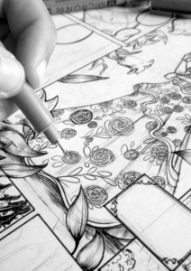 Dessin du motif d'une robe au feutre fin noir